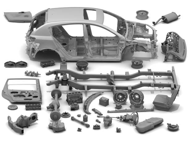 Various parts of the car lying on a white surface. Isolated. 3D Illustration รถยนต์ หมาย ถึง 5